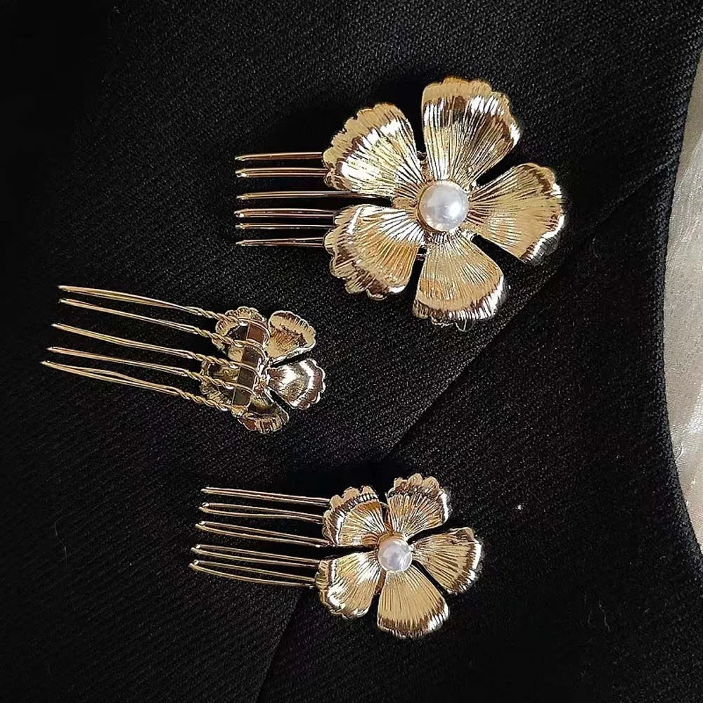 5pcs Elegant Golden Flower Hair Forks Hairstyle Tools French Style Pearl Side Clips Hair Accessories Retro Wave Alloy Barrettes