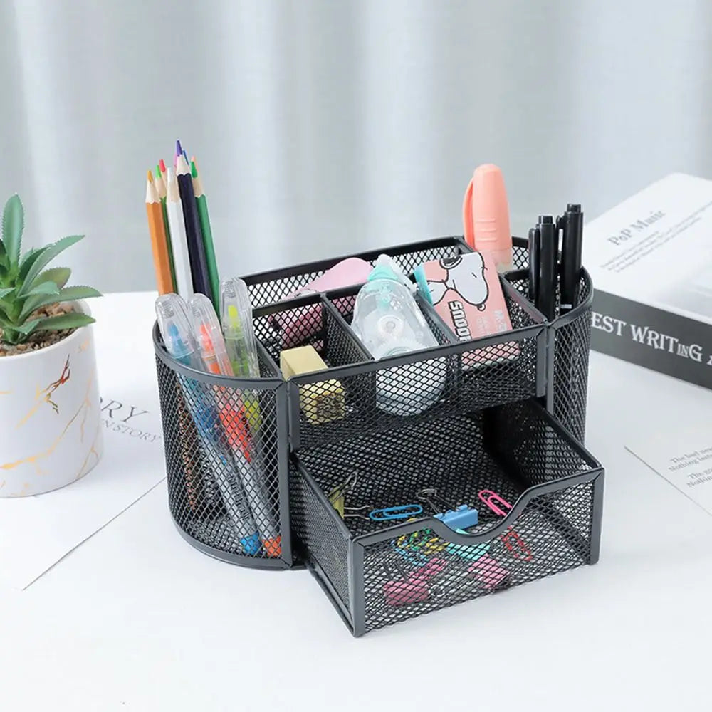 Office School Supplies With Drawer 9-Grid Storage Desk Organizer Stationery Container Metal Mesh Pen Holder