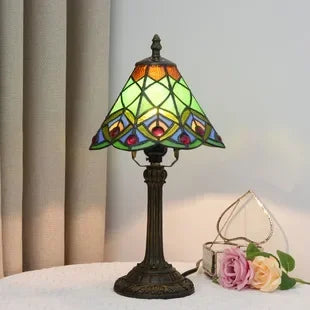 Stained Glass Table Lamp, Antique Green Tiffany Style Reading Light for Bedroom, Living Room and Office Decor Lampara Salon