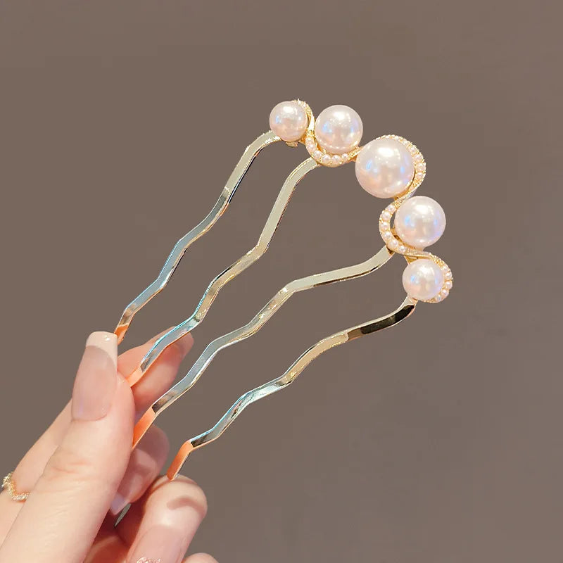Flower Pattern U Shaped Hairpins Fashion Creative 4 Prong Hair Sticks Metal Hair Fork Hair Accessories