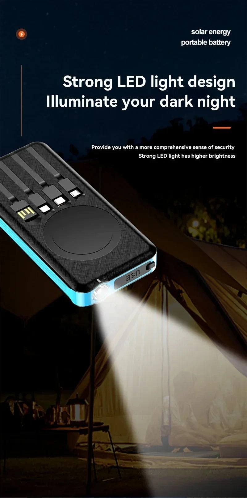 ONEPLUS 50000mAh Solar Power Bank Wireless Fast Charging Battery Large Capacity Mobile Power Dual USB 4 Cables For iPhone Samsun
