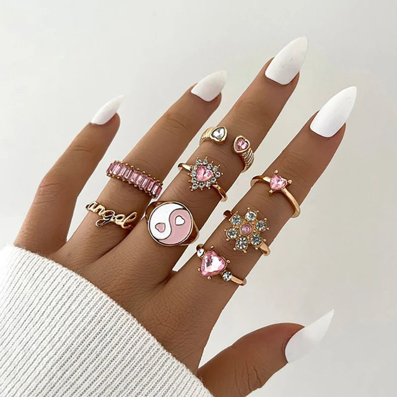 Pink Enamel Butterfly Ring Gold Finished Set For Women Crystal Enamel