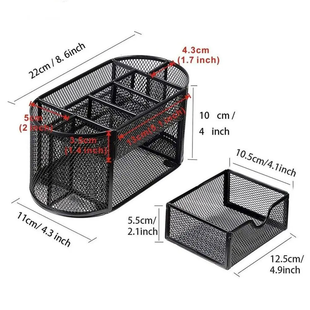 Office School Supplies With Drawer 9-Grid Storage Desk Organizer Stationery Container Metal Mesh Pen Holder