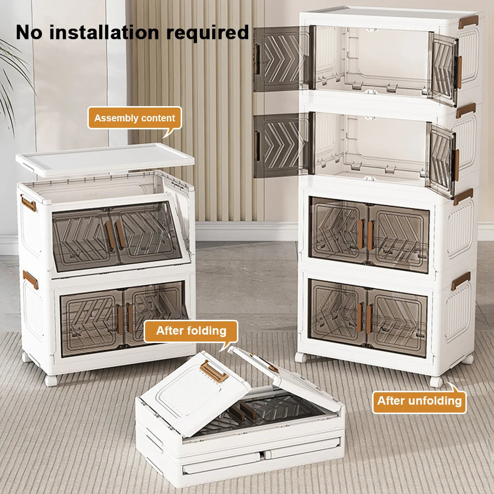 4 Tier Foldable Storage Bin With Doors & Wheels Folding Storage Selves Drawer PP+PET Stackable Organizer Box For Home Office