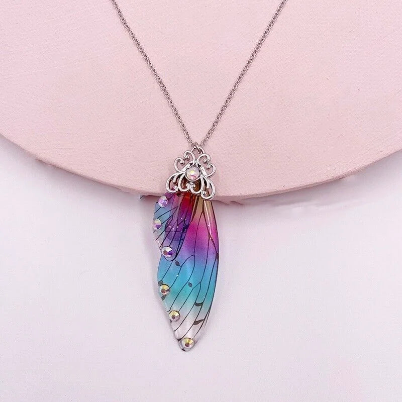 12 colors fashion Silver gold Fairy Purple Gradient Clear Resin Butterfly Shiny Insect Wing Pendant necklace for women jewelry