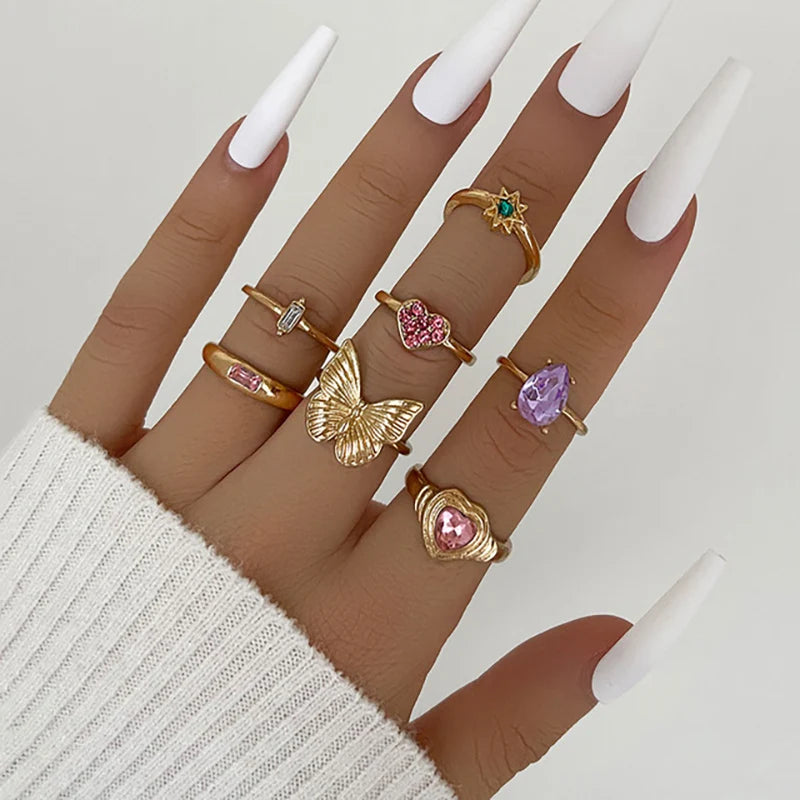 Pink Enamel Butterfly Ring Gold Finished Set For Women Crystal Enamel