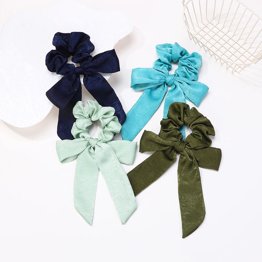 Fashion Vintage Solid Chiffon Velvet Bow Hair Ribbon Scrunchie for Women Girls Long Elastic Hair Tie Headwear Hair Accessories