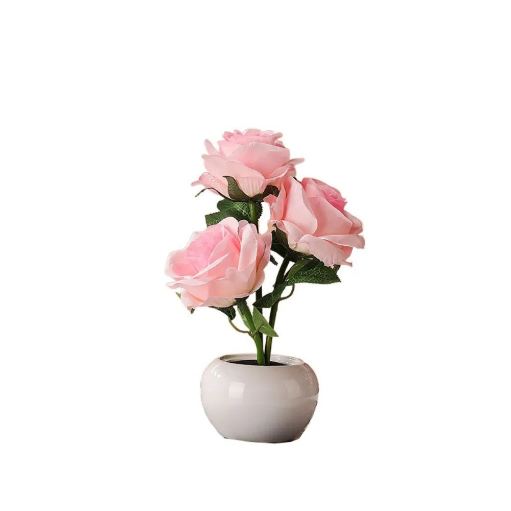 Ceramic Base LED Rose Table Lamp 2/3 Flowers Decorative Flower Bonsai Night Light Soft Light Exquisite Romantic Atmosphere Lamp