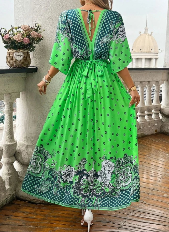 Women's Casual Vacation Printed Loose Waist Bohemian Dress Literary Retro Female Clothing 2024 Summer New Fashion Women Dresses