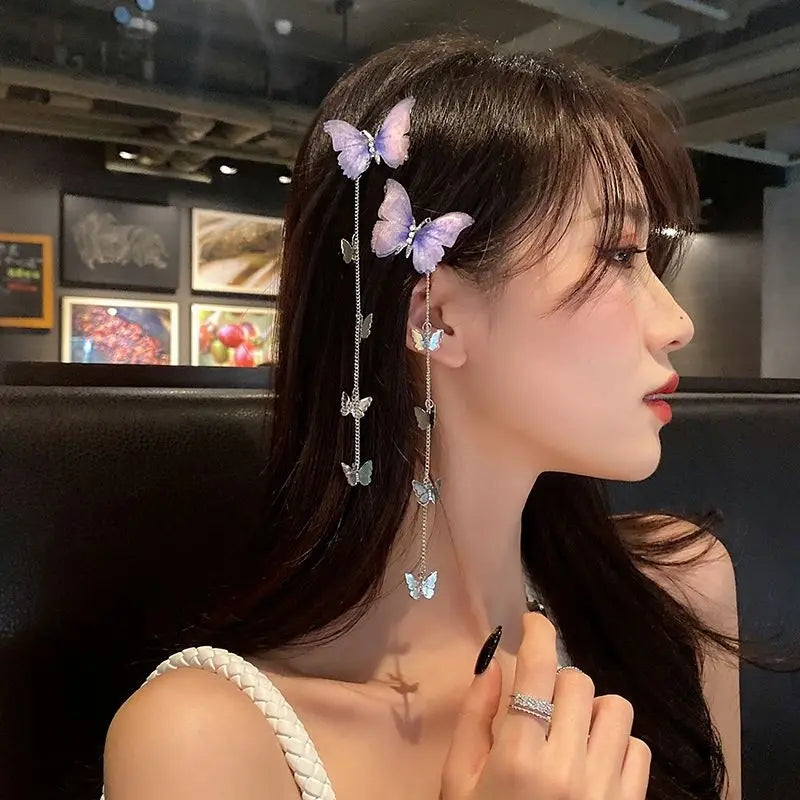 Butterfly Hairpins New Korean Yarn Elegant Metal Tassel Long Hair Clips For Women Hanfu Antique Party Hair Accessories