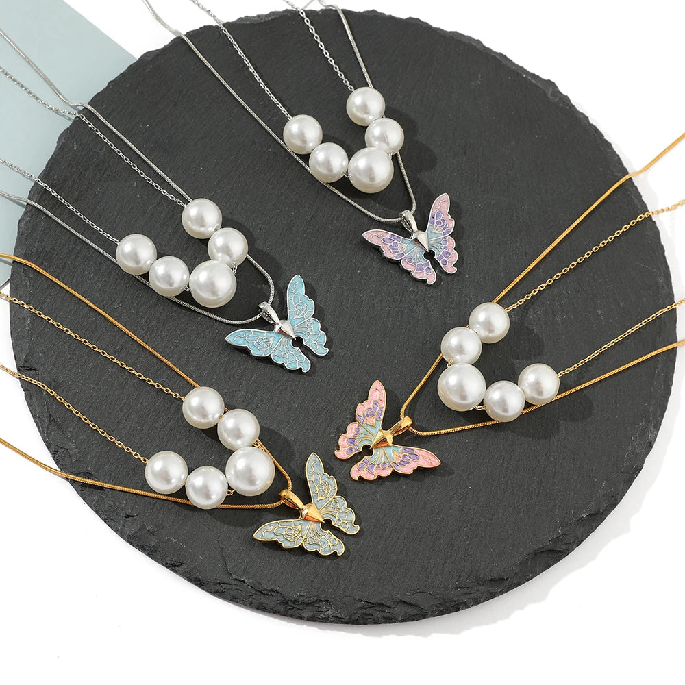 Fairytopia Mermaidia Enamel Butterfly Necklace For Women Thai Pop Imitation Pearl Necklace Multilayer Jewelry