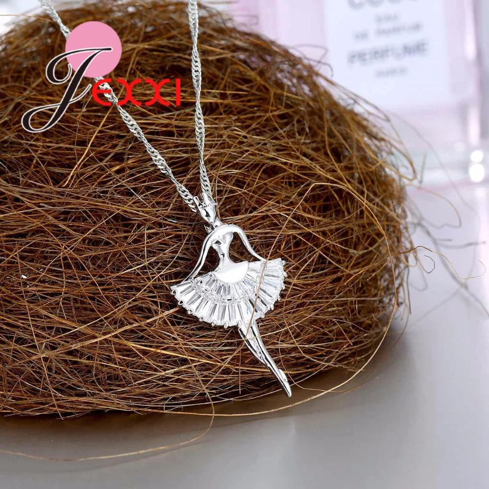 Fashion Enamel Dance BALLET Girl Fairy Angel Necklace Chain Pendant 925 Sterling Silver Fashion Cubic Zirconia Jewelry