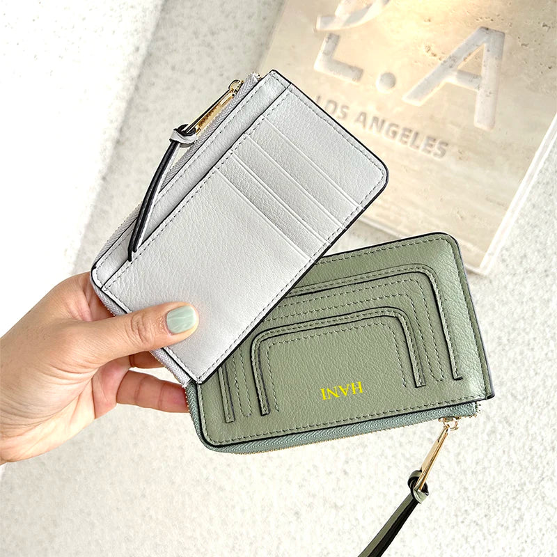 Luxury Genuine Leather Card Wallet Woman Custom Name Brand Card Holder Casual Zipper Lady Engraving Coin Purse Personalized Gift