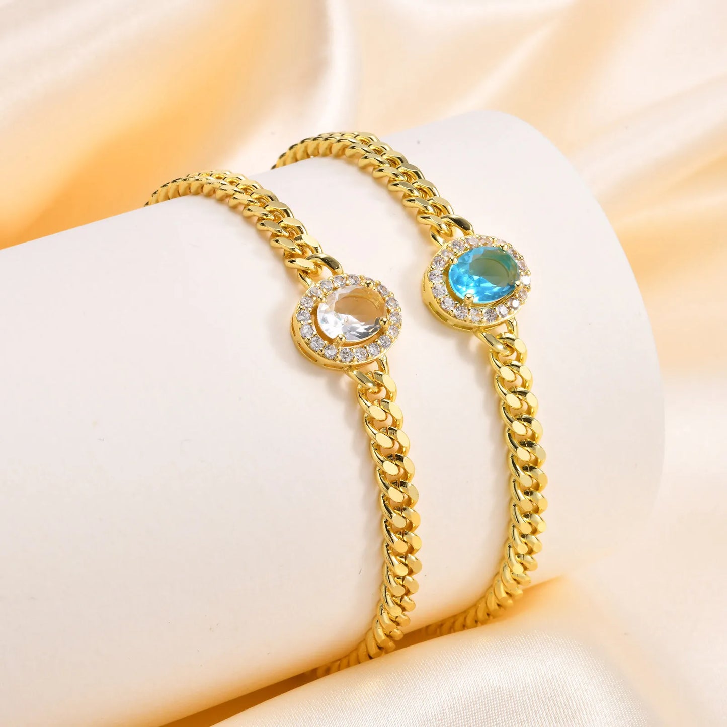 Bracelet for Women Gold Plated, Cuban Chain with Blue Cubic Zirconia Charms Wrist Jewelry for Her Gift