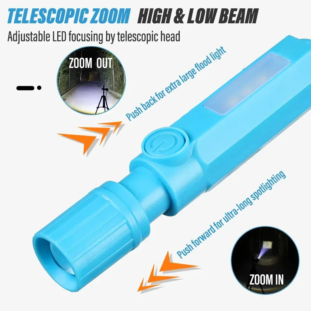 Super Bright LED Mini Flashlight With Side Light Torch USB Portable Telescopic Zoom Work Light Waterproof Outdoor Camping Light