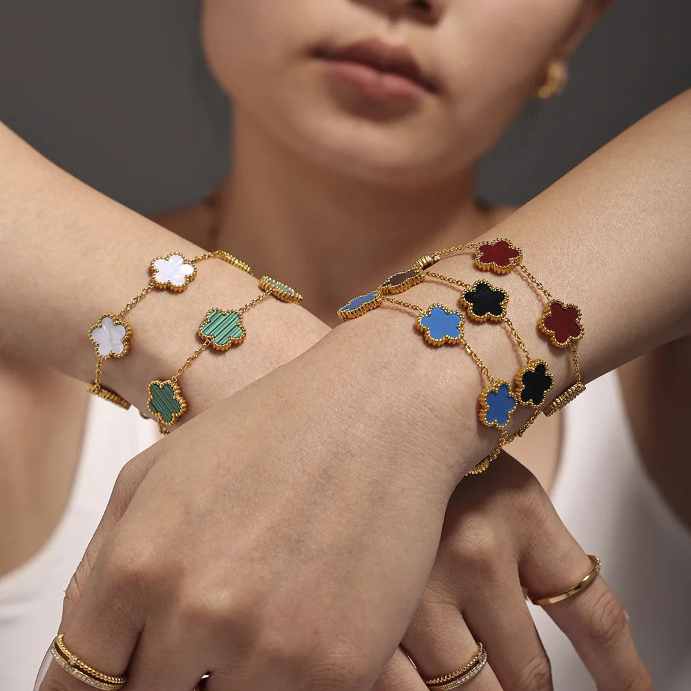 Fashion Five Petals Beautiful Bracelet for Women No Rusted Gold Plated Stainless Steel Agate Bangle Charm Luxury Jewelry Gift