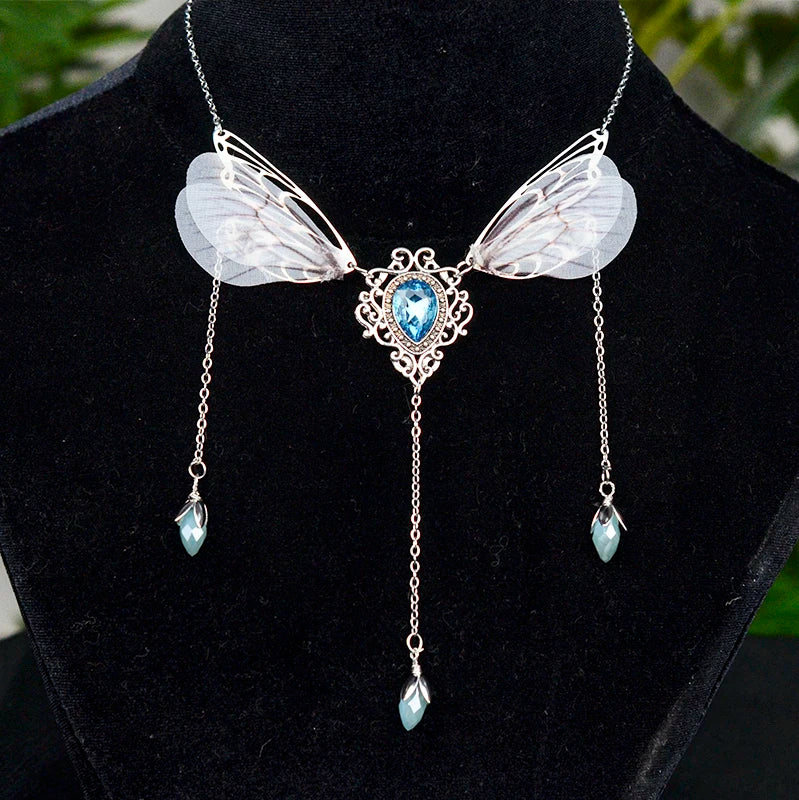 Witch Fairy Elves Butterfly Wings with Crystal Pendant Chain Necklace Forest Fairy Jewelry for women
