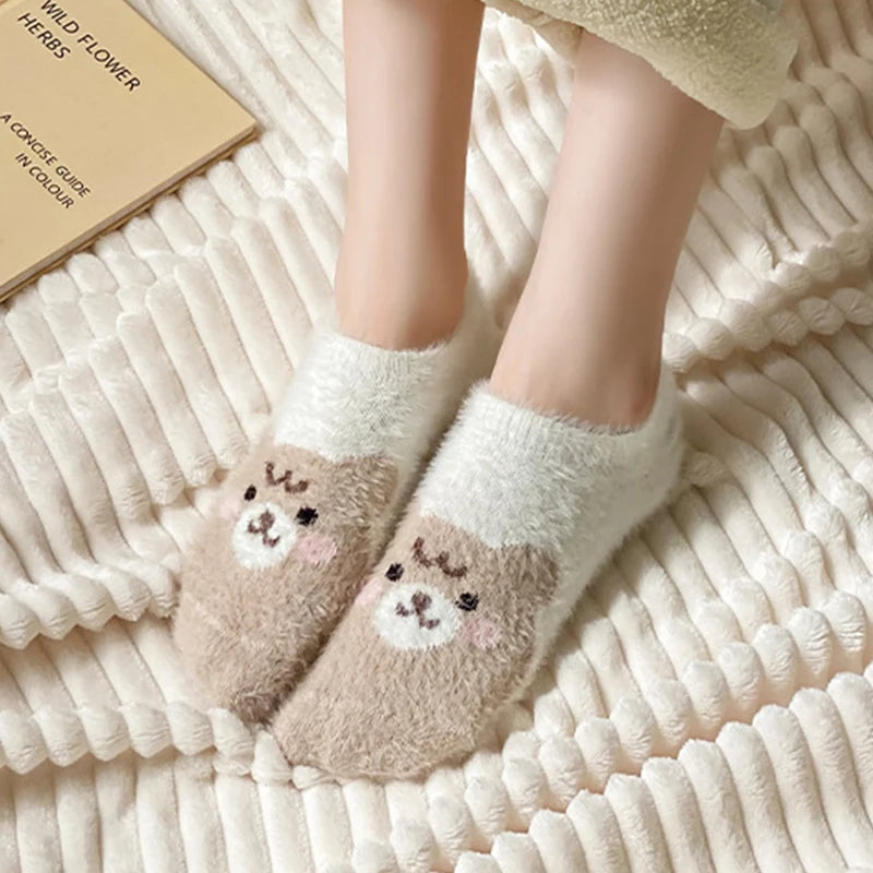Women Socks Warm Soft Fuzzy Slipper Non-slip Thick Invisible Mink Cashmere Sock Panda Kawaii Ankle Sox High Quality Comfortable