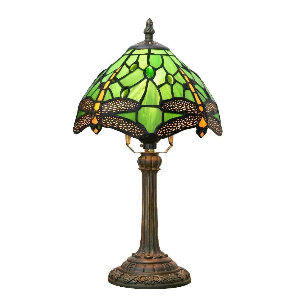 Stained Glass Table Lamp, Antique Green Tiffany Style Reading Light for Bedroom, Living Room and Office Decor Lampara Salon