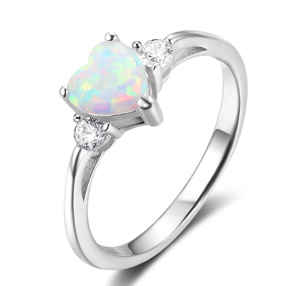 Trumium 100% 925 Sterling Silver Heart Shaped White Opal Engagement Promise Band Ring for Women Heart Halo Cubic Zirconia Ring