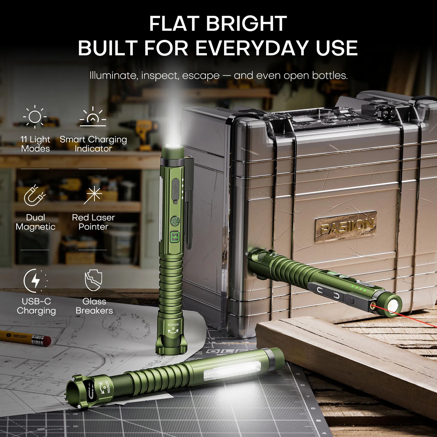 Magnetic LED Flashlight, 800 Lumen Rechargeable Flashlight, Laser Pointer, Hands-Free, USB Charging Cable, for Work and Outdoor