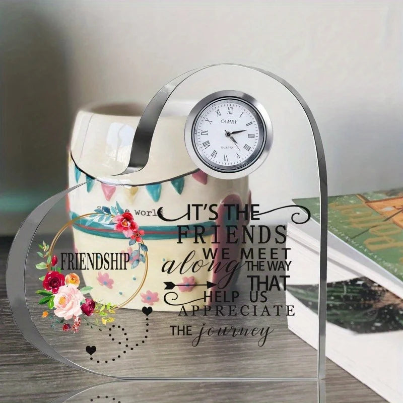 Female Friendship Gifts: Crystal Heart Glass (Clock) + Friend Plaque—Unique Birthday Presents.
