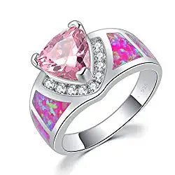 CiNily 925 Sterling Silver Pink Fire Hearted Opal Stone Rings with Pink Zircon for Women Wedding Party Fashion Jewelry Size 5-12