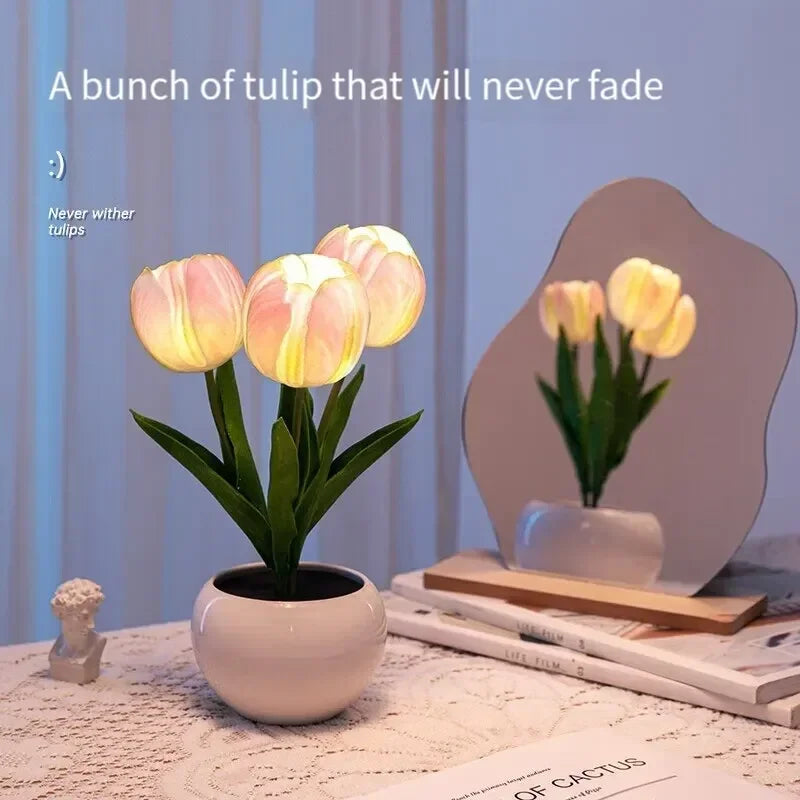 Artificial Tulip Flower Night Light Ornaments Handmade DIY Bedsides LED Night Lamp Bedroom Desk Decor Birthday Gifts Table Lamp