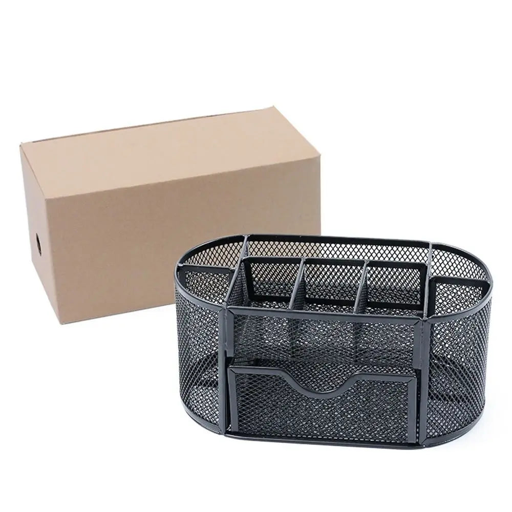 Office School Supplies With Drawer 9-Grid Storage Desk Organizer Stationery Container Metal Mesh Pen Holder