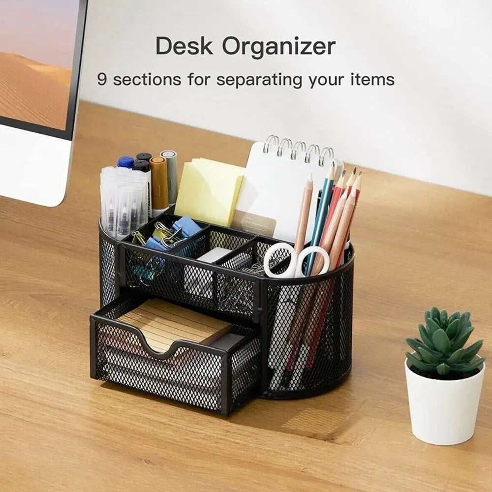Office School Supplies With Drawer 9-Grid Storage Desk Organizer Stationery Container Metal Mesh Pen Holder
