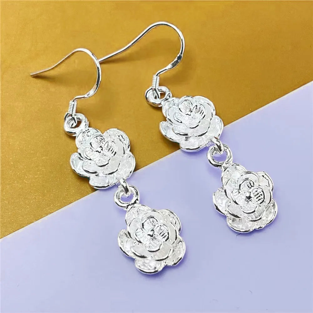 New luxury 925 sterling Silver unique Rose flower necklace earrings for woman Fashion niche designer Jewelry sets party gifts