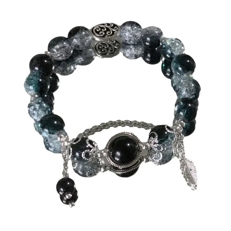 Fashion Design Gradient Crystal Beads Bracelet for Women Girls Vintage Butterfly Feather Maple Leaf Tassel Bracelet Jewelry Gift