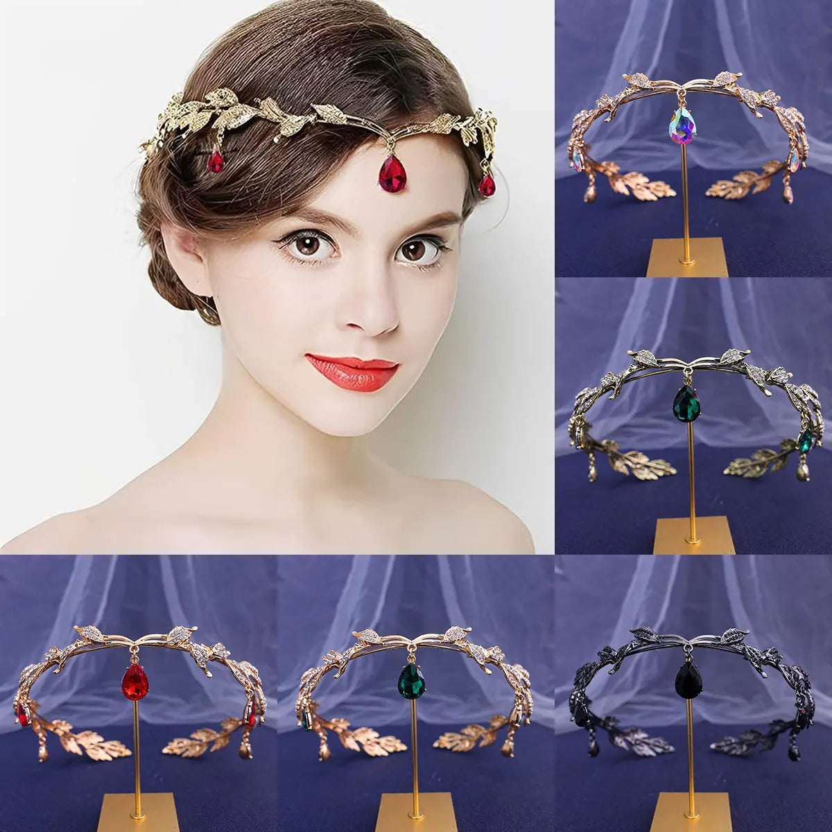 Vintage Black Emerald Green Fairy Rhinestone Crowns Tiaras Crystal Leaf Elf Tiara Bandana Hair Accessories Women Costume Jewelry