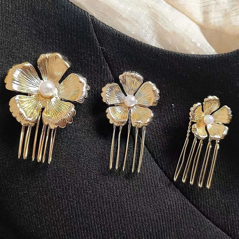 5pcs Elegant Golden Flower Hair Forks Hairstyle Tools French Style Pearl Side Clips Hair Accessories Retro Wave Alloy Barrettes