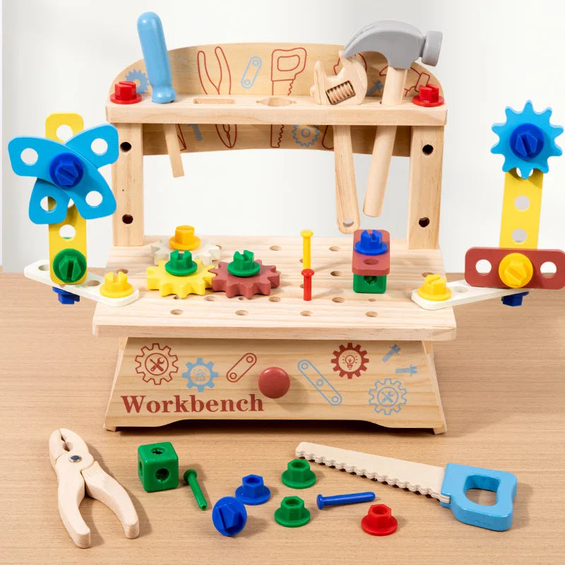 Tool Bench for Kids Toy Play Workbench Wooden Tool Bench Workshop Workbench with Tools Set Wooden Construction Bench Toy for Boy