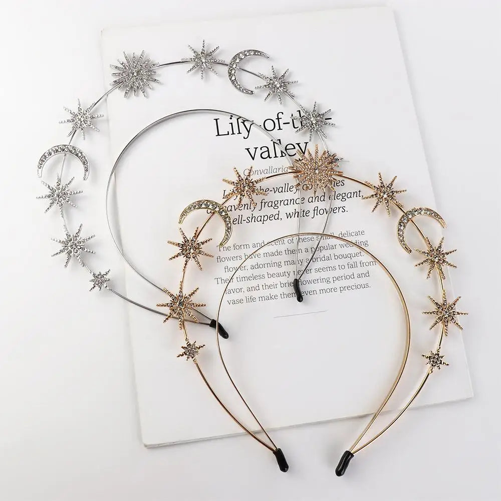 Fairy Metal Star Hair Hoop Princess Silver Halo Crown Rhinestone bilayer Baroque Hairbands Head Jewelry