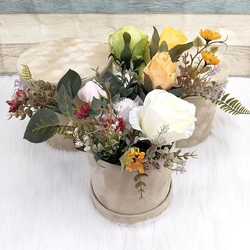 3Pcs/Set Round Shape Velvet Gift Box Florist Flower Holder Bucket Gift Packaging Box Bouquet Packaging Box Party Wedding Supply