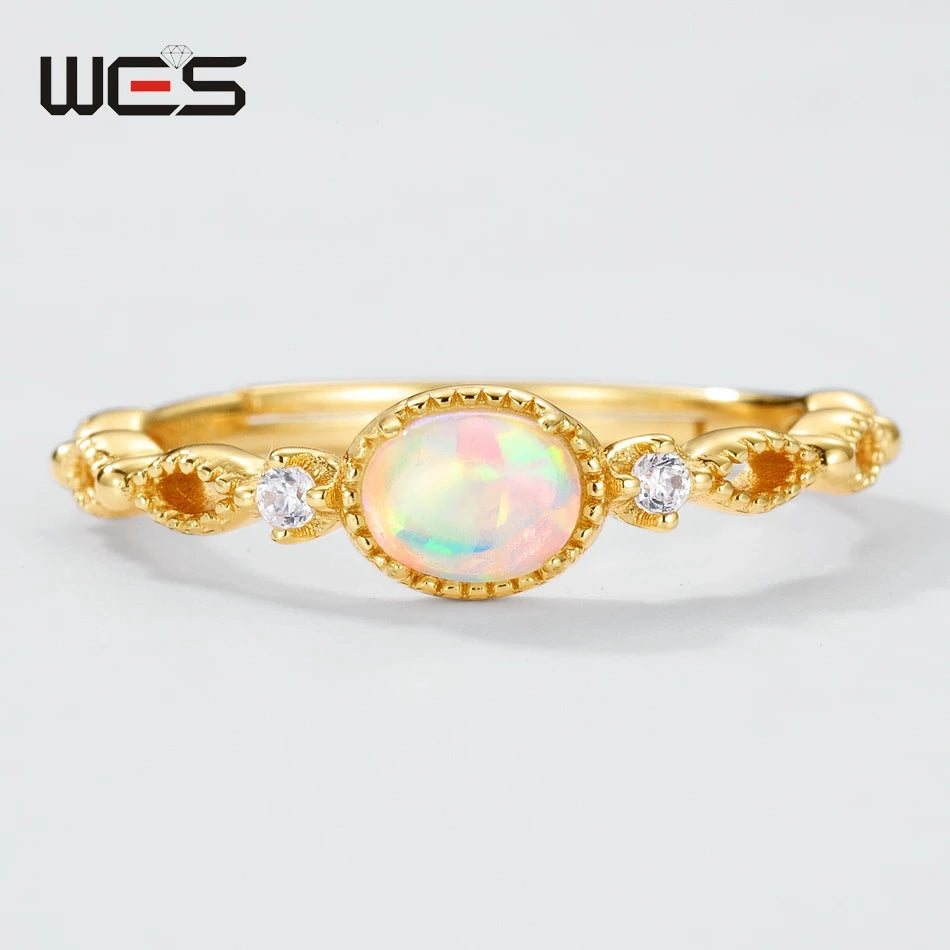 WES 925 Sterling Silver Vintage Oval Lab Opal Open Ring for Woman 10k Gold Plated Fine Jewelry Wholesale Engagement Gifts
