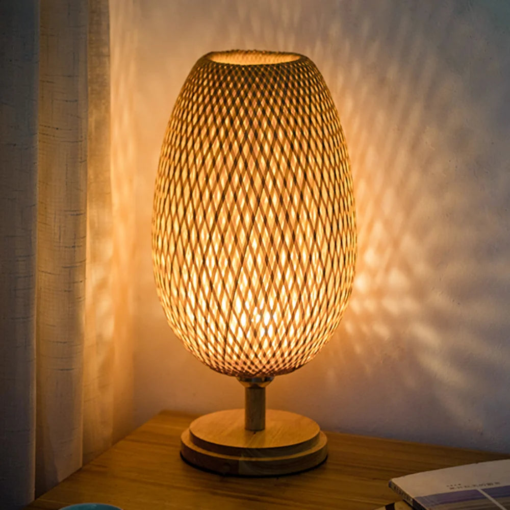 Dimmable Table Lamp, Rattan Bedside Lamp with Small Vintage Nightstand Light for Bedroom Living Room Desk Wooden Wicker Shade