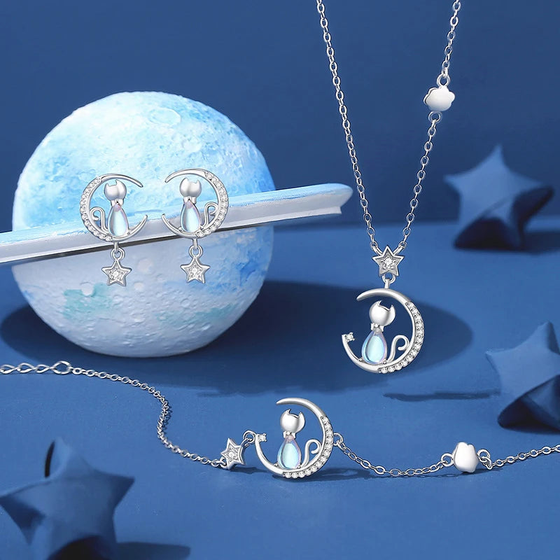 NEW European S925 Sterling silver AAA CZ Moon Stars Cat Bracelet Chain For Women Men Birthday Party Gift Jewelry