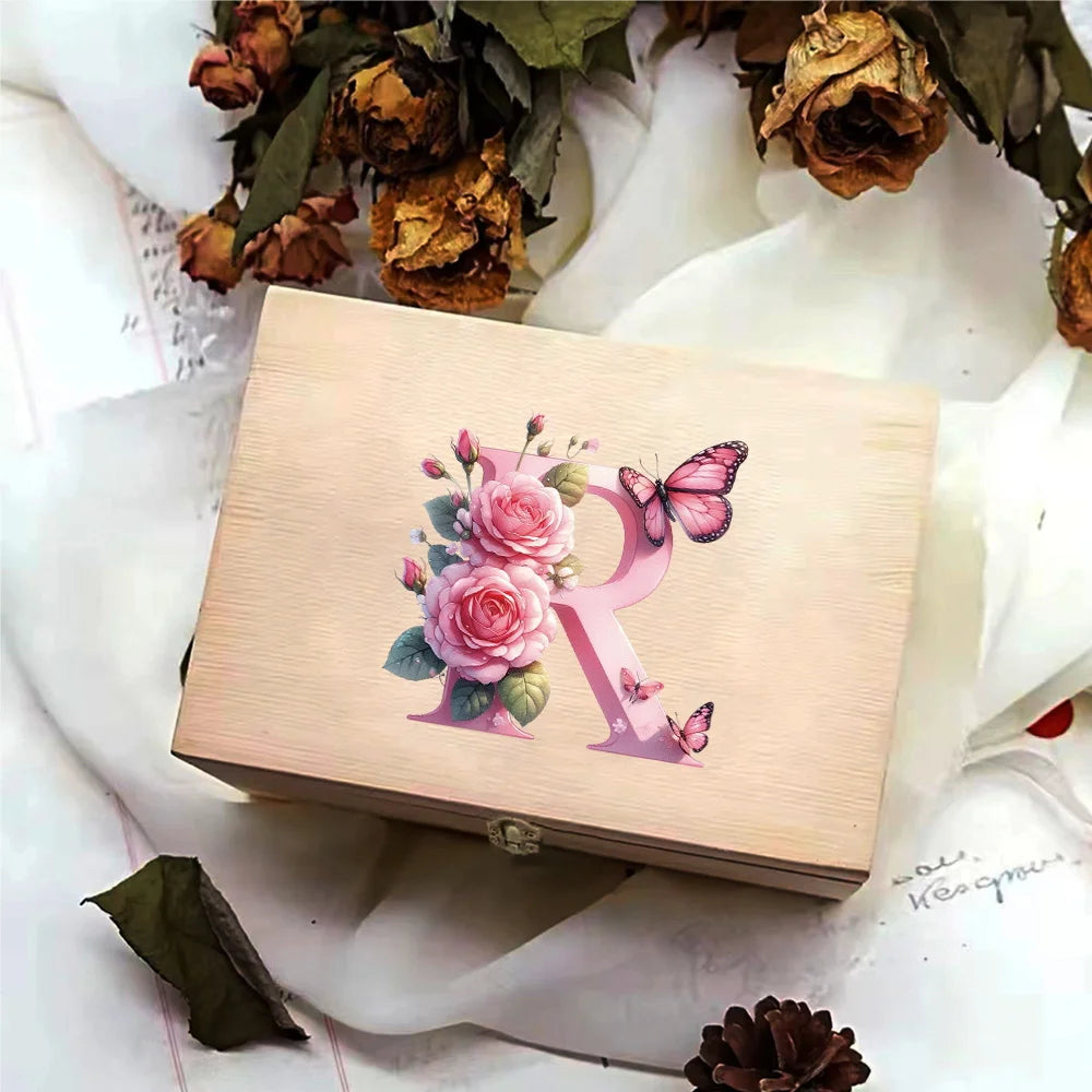 Wooden Storage Box With Hinged Lid Durable Multifunctional Case Crafts Jewelry Boxes For Household Pink Butterfly Letter Pattern