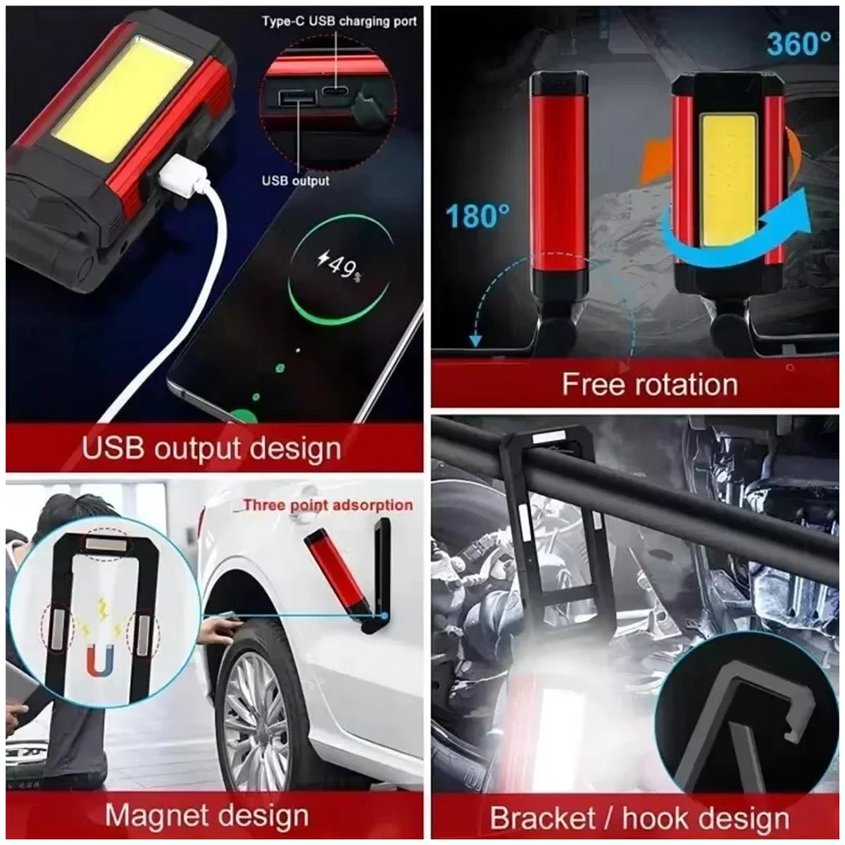 Led Work Light 10w Usbc Flashlight Red Magnetic Flashlights Waterproof Working Hook Rechargeable Foldable Cob Rotating Brightest