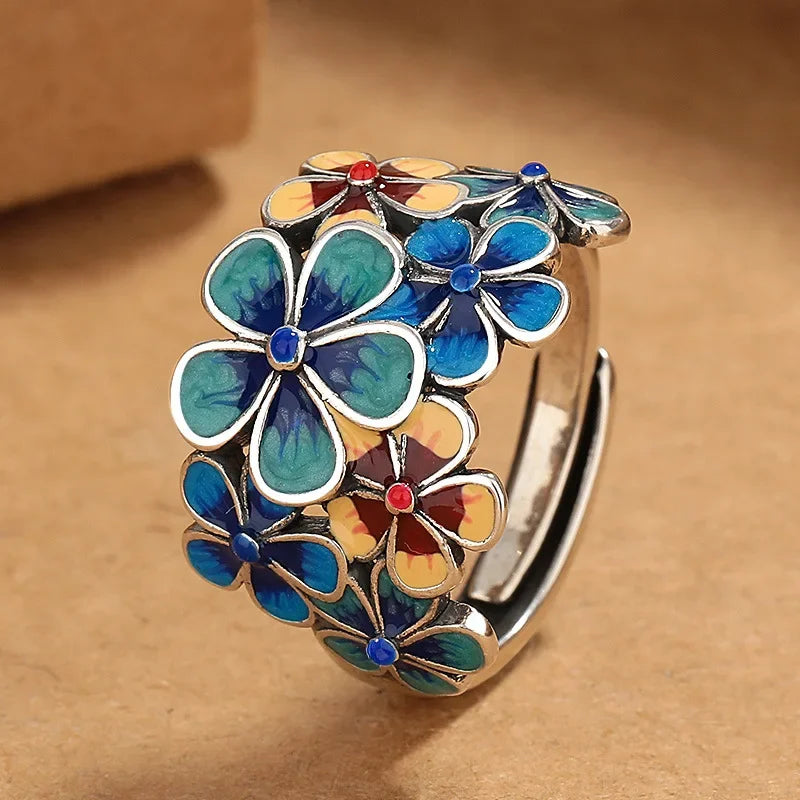 New Enamel Flowery Ring for Women with Atmospheric Retro Ethnic Style Opening Adjustable Creative Index Finger кольцо женское