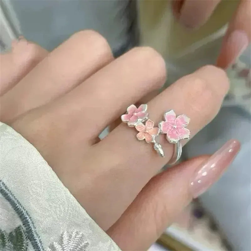 Flower Ring for Women with Niche Design Pink Peach Blossom Index Finger Ring Fresh Sweet Gradient Flower Opening Finger Ring
