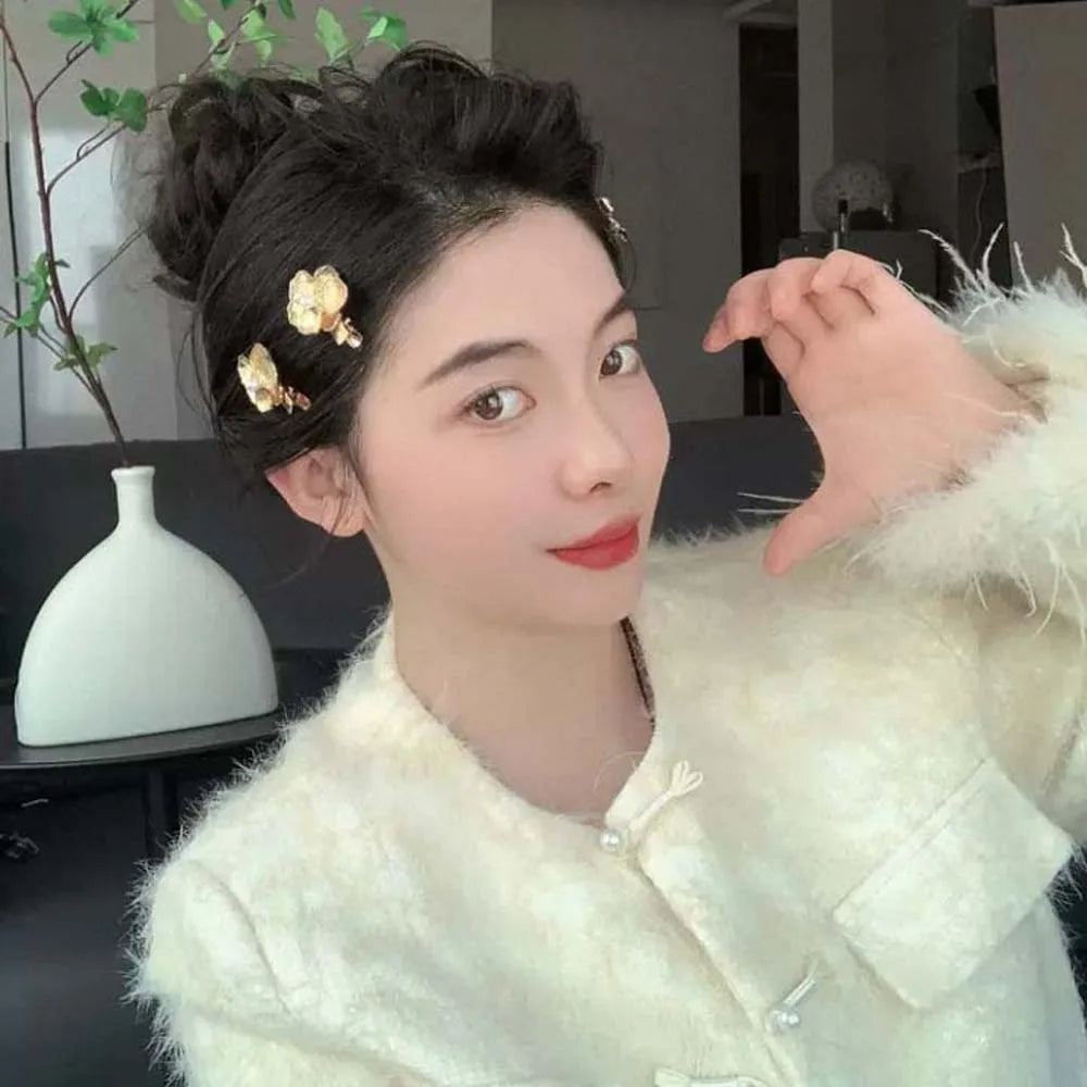 5pcs Elegant Golden Flower Hair Forks Hairstyle Tools French Style Pearl Side Clips Hair Accessories Retro Wave Alloy Barrettes