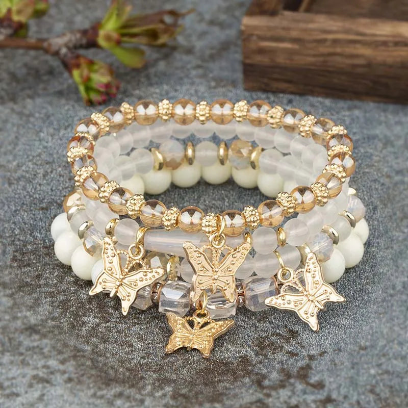 4pcs Trendy Butterfly Beaded Bracelet Set for Women Pink Acrylic Beads Elastic Chain Bangle Female Bohemian Party Jewelry Gift