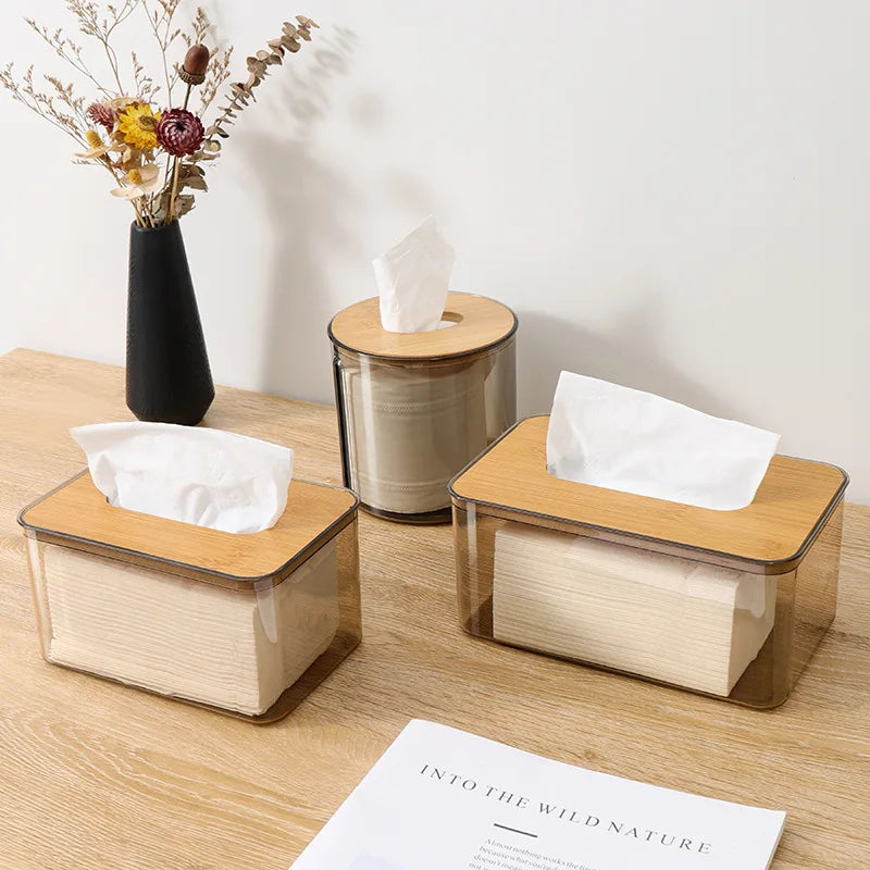 Wooden top tissue box, transparent grey PET base - multi-sized tabletop storage box for living room, smooth sliding opening