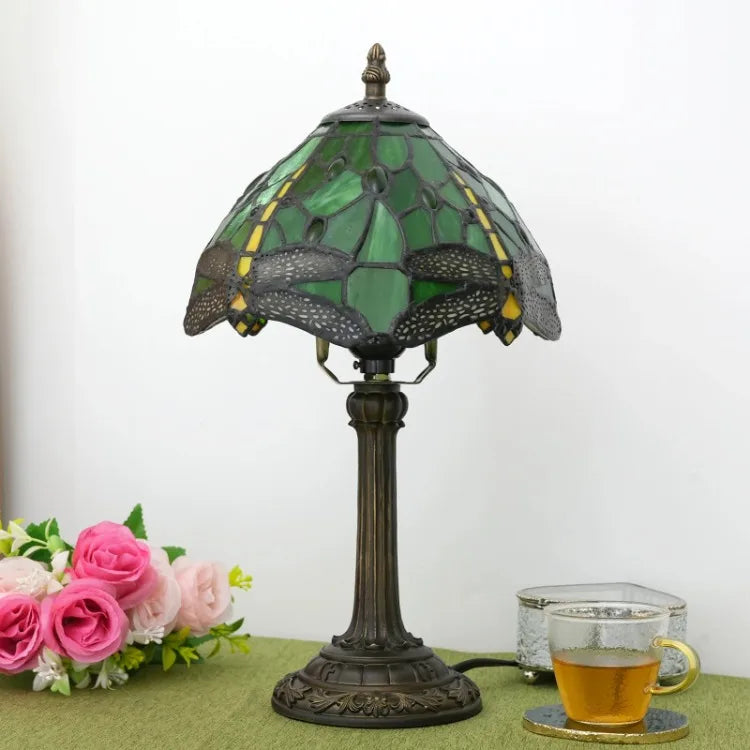 Stained Glass Table Lamp, Antique Green Tiffany Style Reading Light for Bedroom, Living Room and Office Decor Lampara Salon