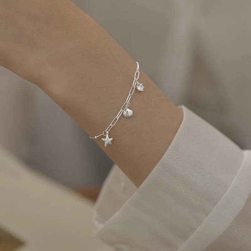 Trendy Sterling Silver Color Bracelets for Women New Sea Shells Charm Hand Chain Link Orignal Fashion Jewelry With Stamp