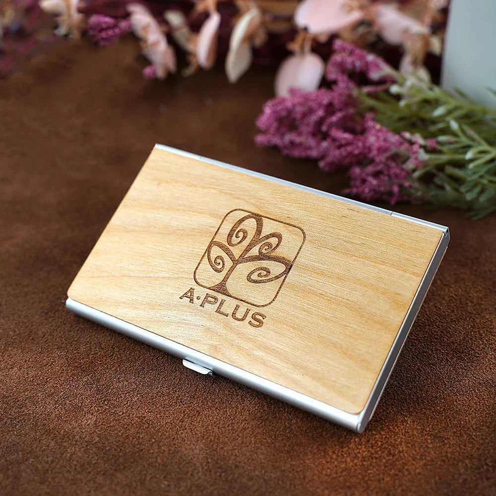 Free Customized Engraving Wood Business Card Holder Pocket Black Walnut Solid Wooden Clip Personalized Cardcase Activities Gifts